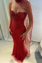 Load image into Gallery viewer, Elegant Red Sweetheart Beaded Fitted Mermaid Prom Dress with Scarf