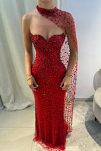 Load image into Gallery viewer, Elegant Red Sweetheart Beaded Fitted Mermaid Prom Dress with Scarf