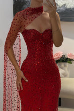Load image into Gallery viewer, Elegant Red Sweetheart Beaded Fitted Mermaid Prom Dress with Scarf