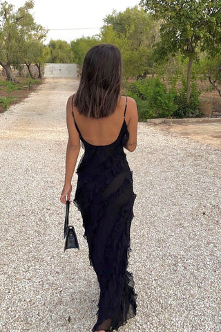 Elegant Sheath Spaghetti Straps Black Long Prom Dress with Ruffles