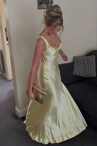 Elegant Sheath Square Neck Yellow Long Prom Dress with Criss Cross Back