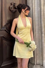 Load image into Gallery viewer, Elegant Soft Yellow Satin Halter Ruched A-Line Short Homecoming Dress