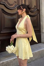 Load image into Gallery viewer, Elegant Soft Yellow Satin Halter Ruched A-Line Short Homecoming Dress