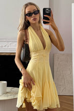 Load image into Gallery viewer, Elegant Soft Yellow Satin Halter Ruched A-Line Short Homecoming Dress