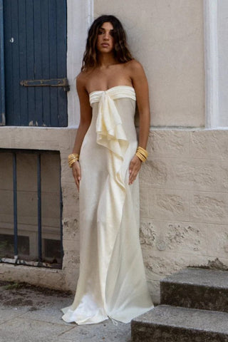 Trendy Sheath Strapless Ivory Satin Long Prom Dress with High Slit & Ruffle Layers