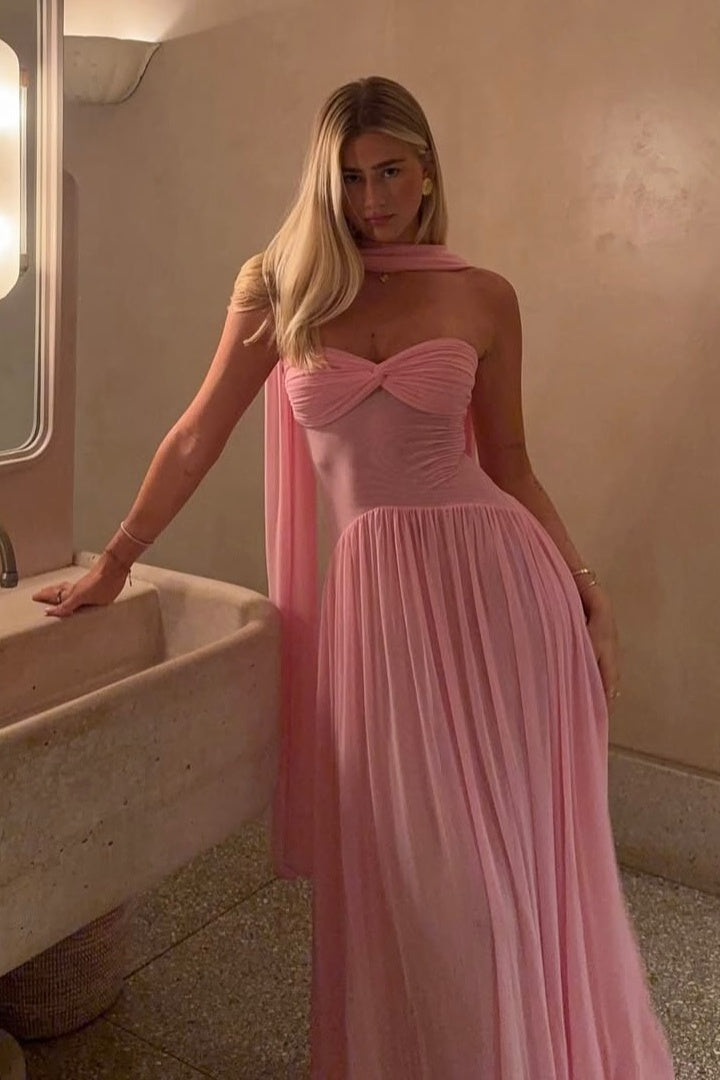 Elegant A Line Sweetheart Pink Long Party Dress with Ruffles Scarf