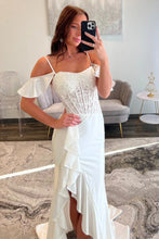 Load image into Gallery viewer, Beautiful Mermaid Off the Shoulder White Corset Prom Dress with Appliques Ruffles