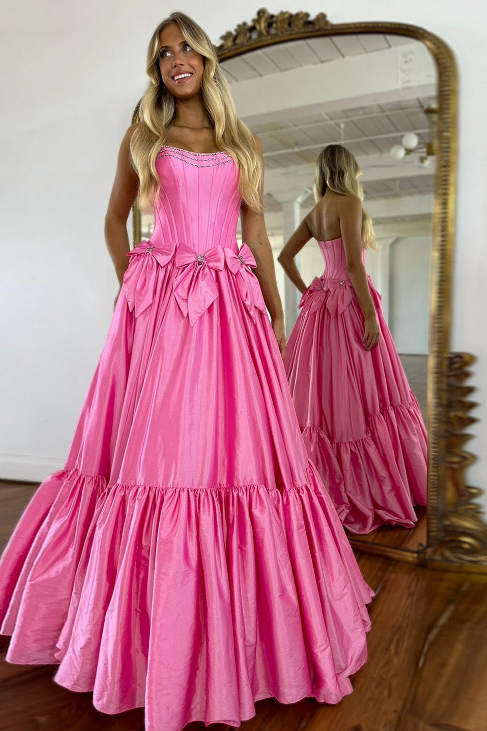 A-Line Strapless Bow Sleeveless Cut-out Red Satin Long Prom Dress, Slit