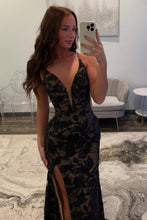 Load image into Gallery viewer, Hot Mermaid Deep V Neck Black Lace Long Prom Dress with Beading Split Front