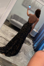 Load image into Gallery viewer, Hot Mermaid Deep V Neck Black Lace Long Prom Dress with Beading Split Front