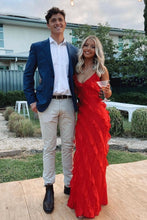 Load image into Gallery viewer, Elegant Sheath Spaghetti Straps Black Long Prom Dress with Ruffles
