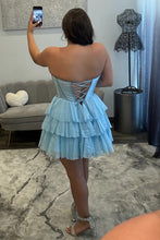 Load image into Gallery viewer, Stunning A Line Strapless Black Corset Homecoming Dress with Pearls