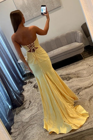 Sparkly Mermaid Sweetheart Yellow Long Prom Dress with Keyhole Beading