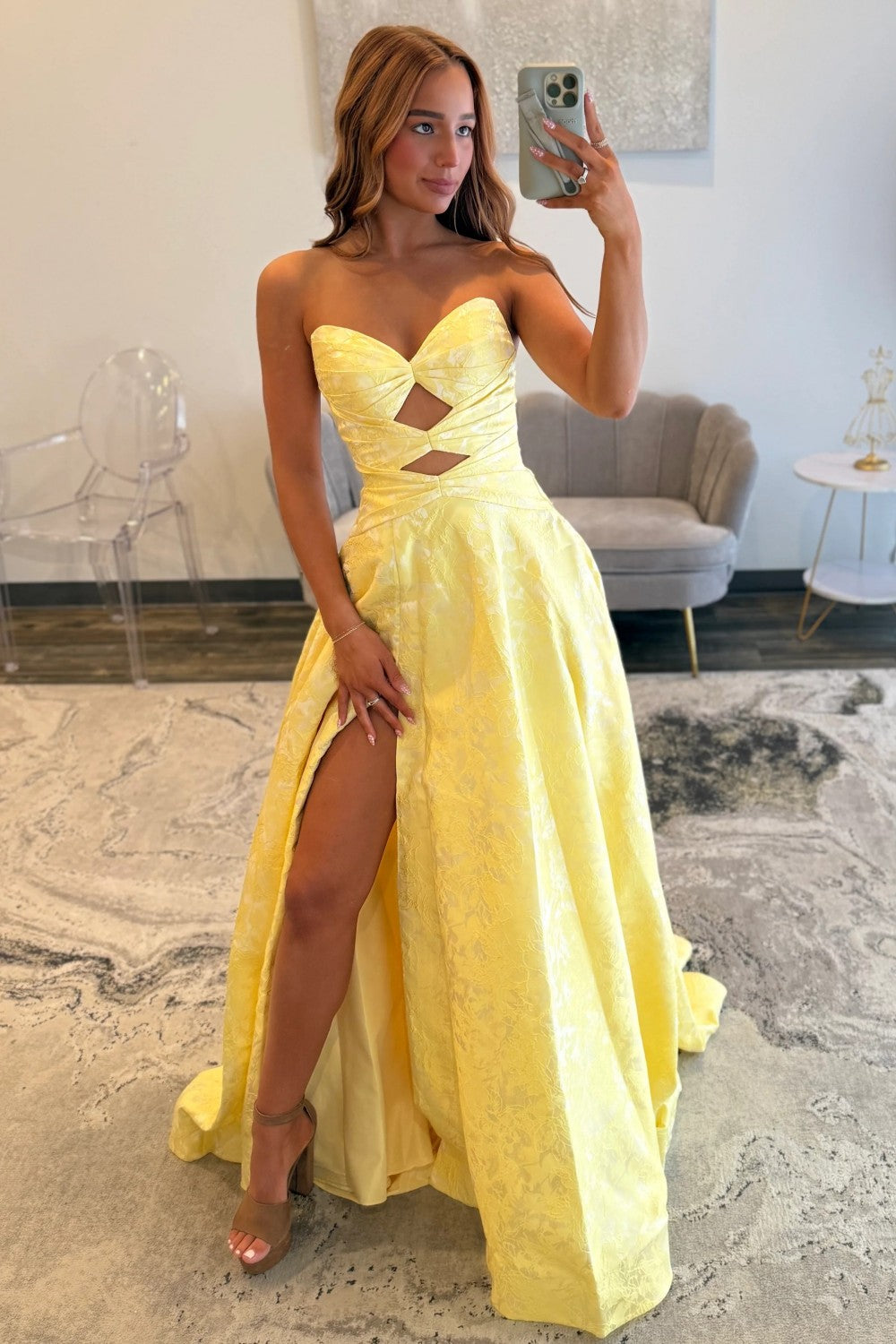 Sparkly A Line Sweetheart Yellow Long Prom Dress with Keyhole