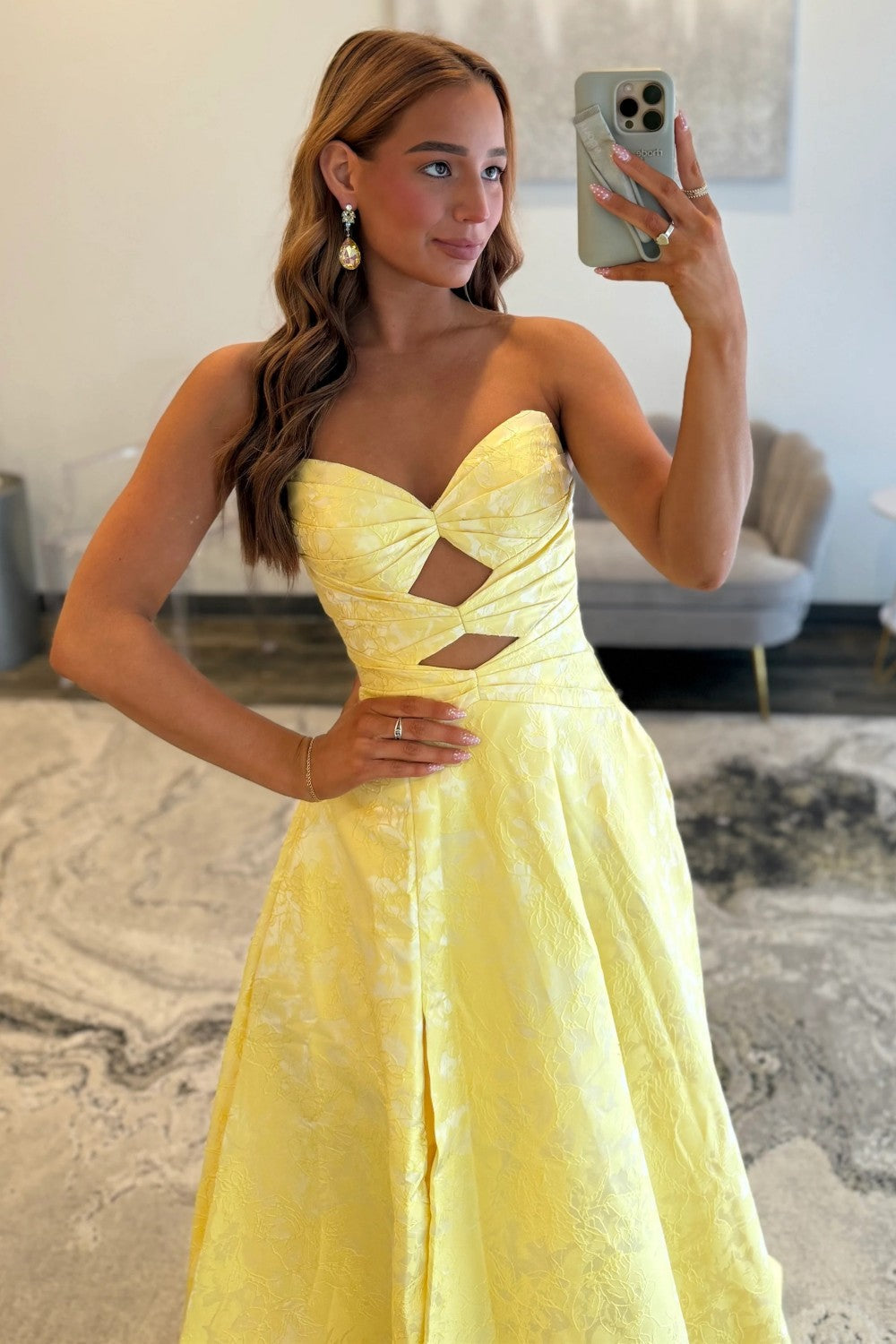 Charming A Line Square Neck Yellow Long Prom Dress with Pearls