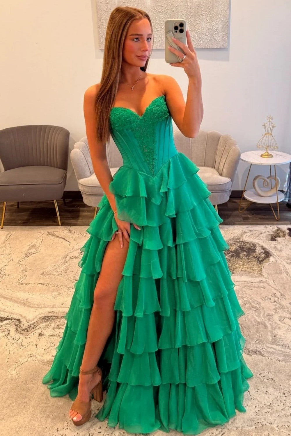 Princess A Line Sweetheart Green Corset Prom Dress with Appliques Ruffles