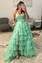 Load image into Gallery viewer, Princess A Line Sweetheart Green Corset Prom Dress with Appliques Ruffles