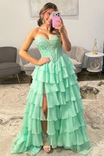 Load image into Gallery viewer, Princess A Line Sweetheart Green Corset Prom Dress with Appliques Ruffles