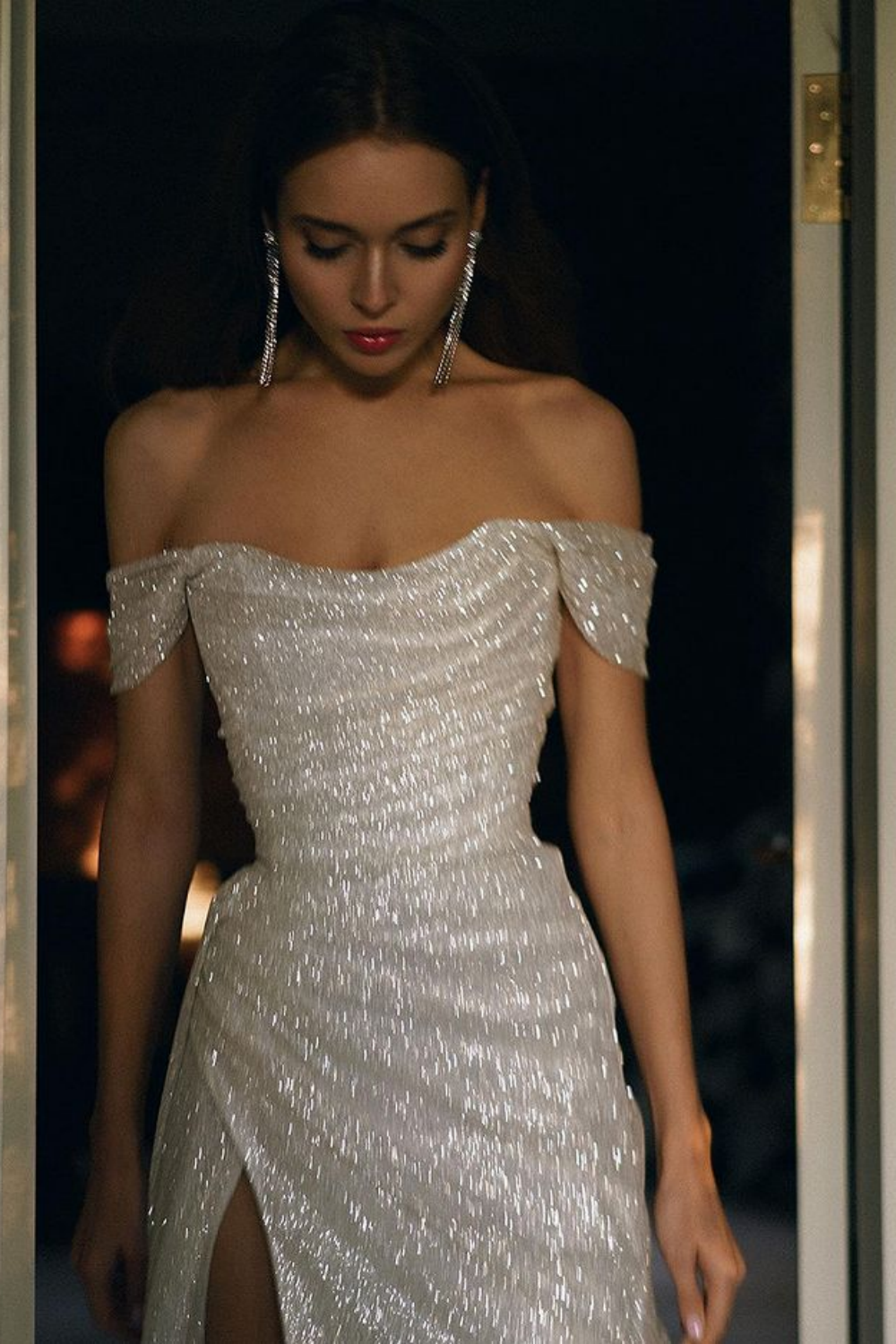Luuvis Elegant Mermaid Off the Shoulder Silver Sequins Long Prom Dress with Split Front Luuvis Elegant Mermaid Off the Shoulder Silver Sequins Long Prom Dress with Split Front