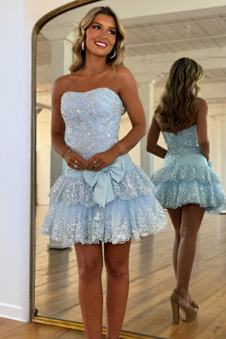 Sweety Sheath Strapless Pink Lace Short Homecoming Dress with Appliques Bowknot