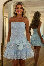 Load image into Gallery viewer, Sweety Sheath Strapless Pink Lace Short Homecoming Dress with Appliques Bowknot
