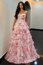 Load image into Gallery viewer, Princess A Line Strapless Pink Floral Prom Dress with Corset Bodice and Ruffle Skirt