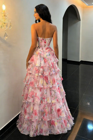 Princess A Line Strapless Pink Floral Prom Dress with Corset Bodice and Ruffle Skirt