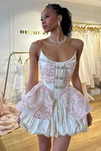 Load image into Gallery viewer, Fairytale Pink Satin Corset Homecoming Dress with Embroidered Lace and Puff Hem