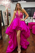Load image into Gallery viewer, Fashionable A Line High Low Deep V Neck Fuchsia Party Dress with Beading