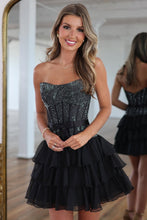 Load image into Gallery viewer, Fashionable A Line Strapless Black Corset Homecoming Dress with Beading Ruffles