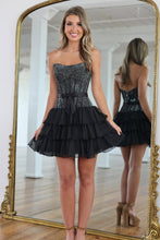 Load image into Gallery viewer, Fashionable A Line Strapless Black Corset Homecoming Dress with Beading Ruffles