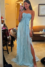 Load image into Gallery viewer, Fashionable A Line Sweetheart Blue Long Prom Dress with Ruffles Slit

