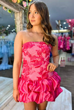 Load image into Gallery viewer, Fashionable Bodycon Strapless Black/Fuchsia Short Homecoming Dress with Embroidery Beading