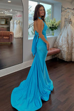 Load image into Gallery viewer, Fashionable Mermaid Halter Neck Blue Long Prom Dress with Bowknot Back