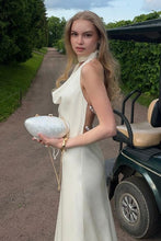 Load image into Gallery viewer, Fashionable Mermaid Halter Neck White Long Party Dress with Pearls Back
