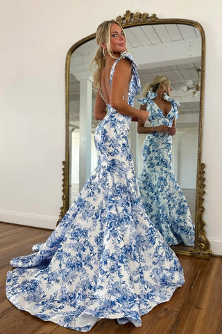 Fashionable Mermaid V Neck Blue Printed Long Prom Dress with Bowknot