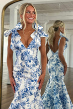 Load image into Gallery viewer, Fashionable Mermaid V Neck Blue Printed Long Prom Dress with Bowknot
