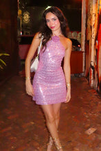 Load image into Gallery viewer, Fashionable Sheath Halter Neck Pink Sequins Short Homecoming Dress with 3D Flowers