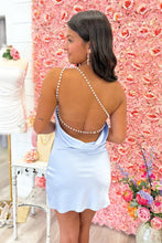 Load image into Gallery viewer, Fashionable Sheath One Shoulder Light Blue Short Homecoming Dress with Pearls
