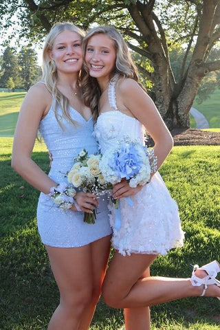 Chic Sheath Spaghetti Straps Light Blue Sequins Short Homecoming Dress