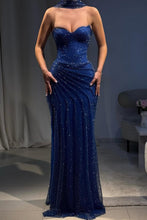 Load image into Gallery viewer, Sparkly Dark Blue Halter Evening Gown with Ruched Detailing and Scarf