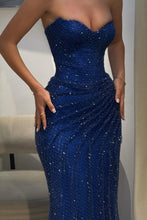 Load image into Gallery viewer, Sparkly Dark Blue Halter Evening Gown with Ruched Detailing and Scarf