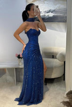 Load image into Gallery viewer, Sparkly Dark Blue Halter Evening Gown with Ruched Detailing and Scarf