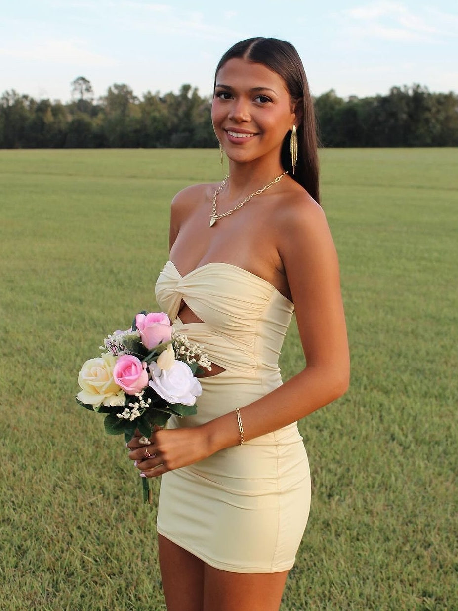 strapless sheath short homecoming dresses with keyhole Luuvis Women Yellow Dress Fitted Sweetheart Cocktail Dress Do not sync