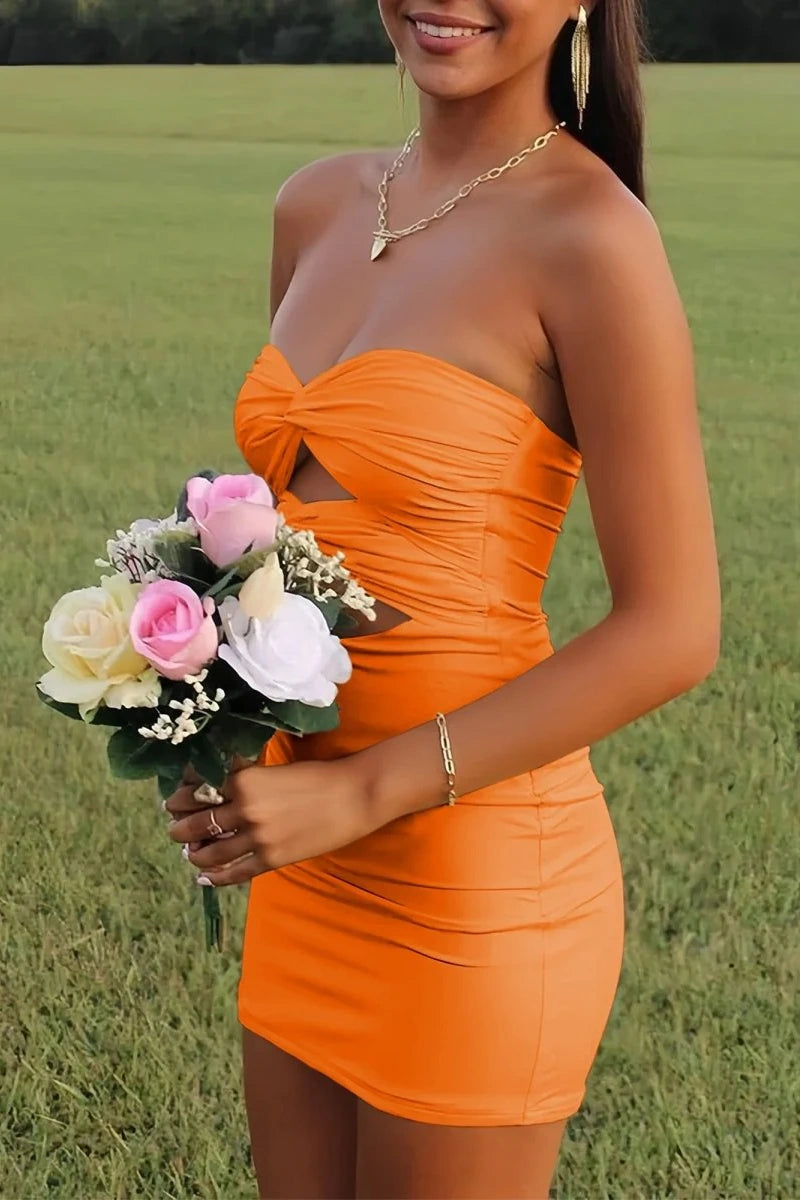 Luuvis Women Yellow Short Homecoming Dress Fitted Sheath Sweetheart  Cocktail Dress with Keyhole