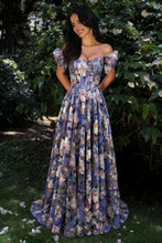 Load image into Gallery viewer, Elegant A Line Off-Shoulder Floral Printed Blush Corset Prom Dress with Puff Sleeves