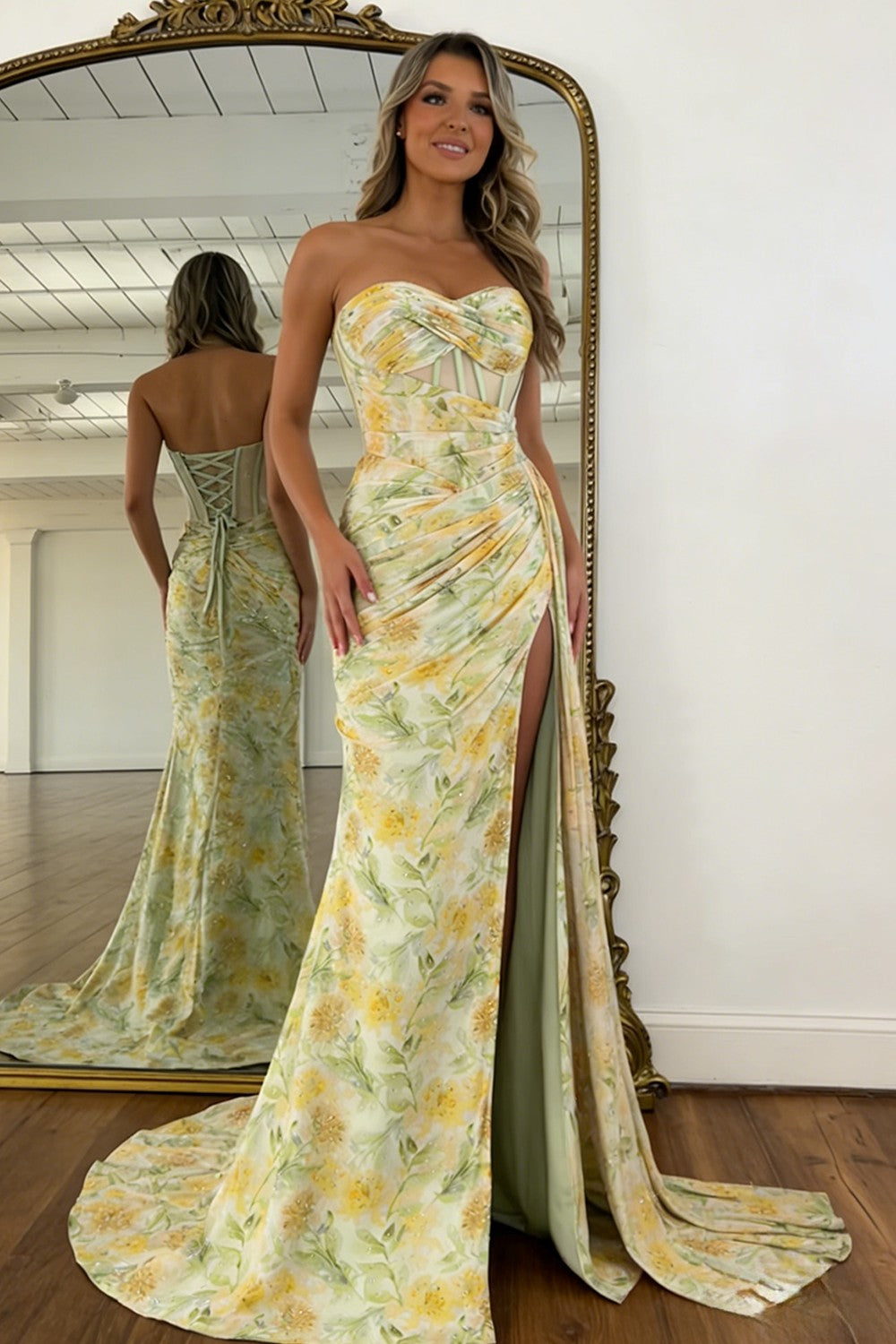 Stunning Mermaid Floral Print Glitter Sweetheart Lace Up Prom Dress with High Slit
