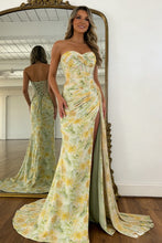 Load image into Gallery viewer, Stunning Mermaid Floral Print Glitter Sweetheart Lace Up Prom Dress with High Slit