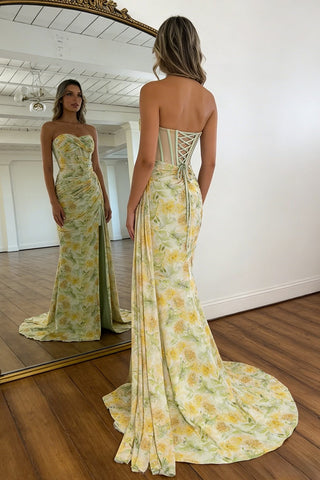 Stunning Mermaid Floral Print Glitter Sweetheart Lace Up Prom Dress with High Slit