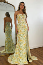 Load image into Gallery viewer, Stunning Mermaid Floral Print Glitter Sweetheart Lace Up Prom Dress with High Slit